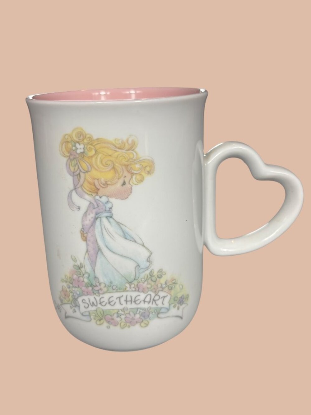 1990 Precious Moments Sweetheart Mug Heart Handle Pink Interior Enesco Korea